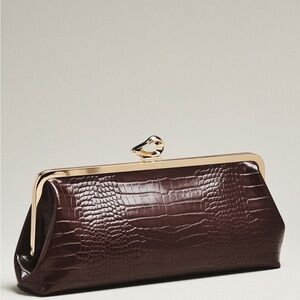 Elegant Brown Crocodile Embossed Vegan Leather Turnlock Clutch NWT
